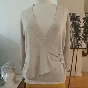 Monsoon V-Neck cotton knit long sleeve wrap top in beige. Buckle can be moved.